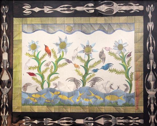 § Scottie Wilson (1889-1972) Flowers, birds and fish within an ornate border 18.75 x 23.75in.
